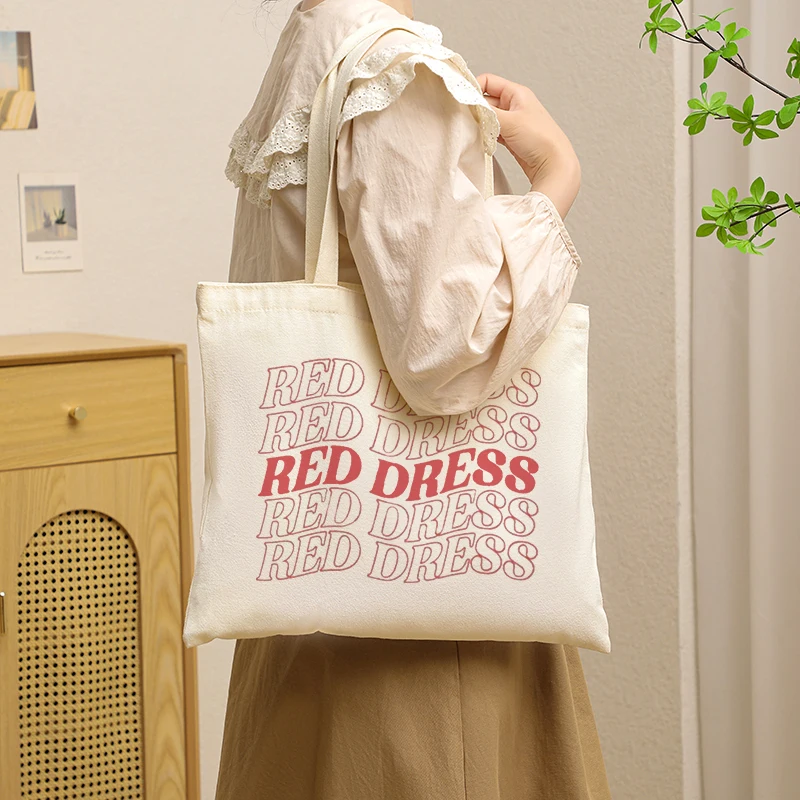 Red Dress Wavy Text Print Canvas Tote Bag Reusable Shopping Handbag Retro Letter Casual Shoulder Daily Gift Bag