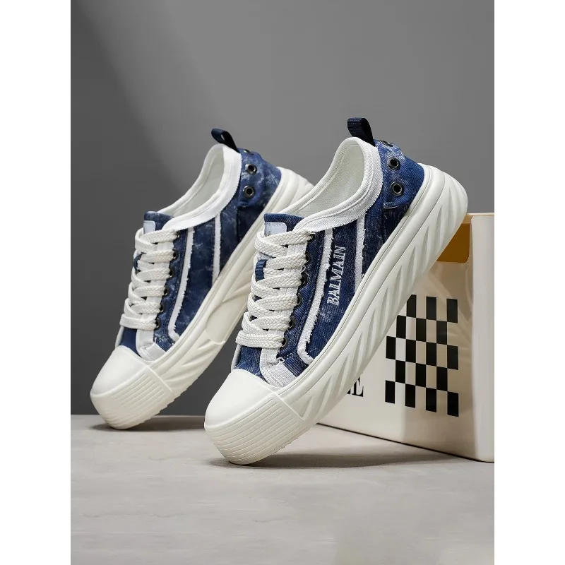 

Summer Men's Breathable Thin Denim Canvas oes Heightening Thi Bot Casual round Toe Flat Heel Color Blo Rubber Sole