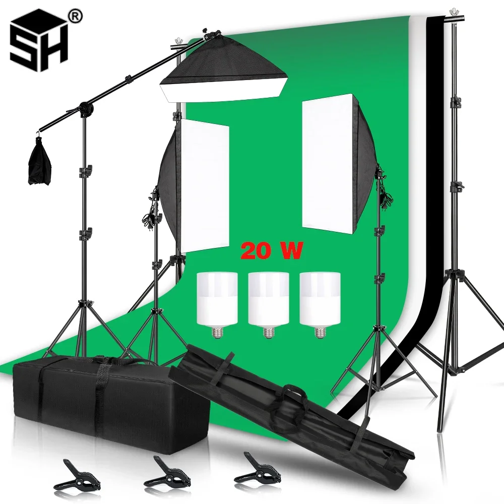 Kit de studio photo professionnel avec cadre de fond, kit d'éclairage softbox, 3 toiles de fond, support trépied, panneau réflecteur et 4 parapluies