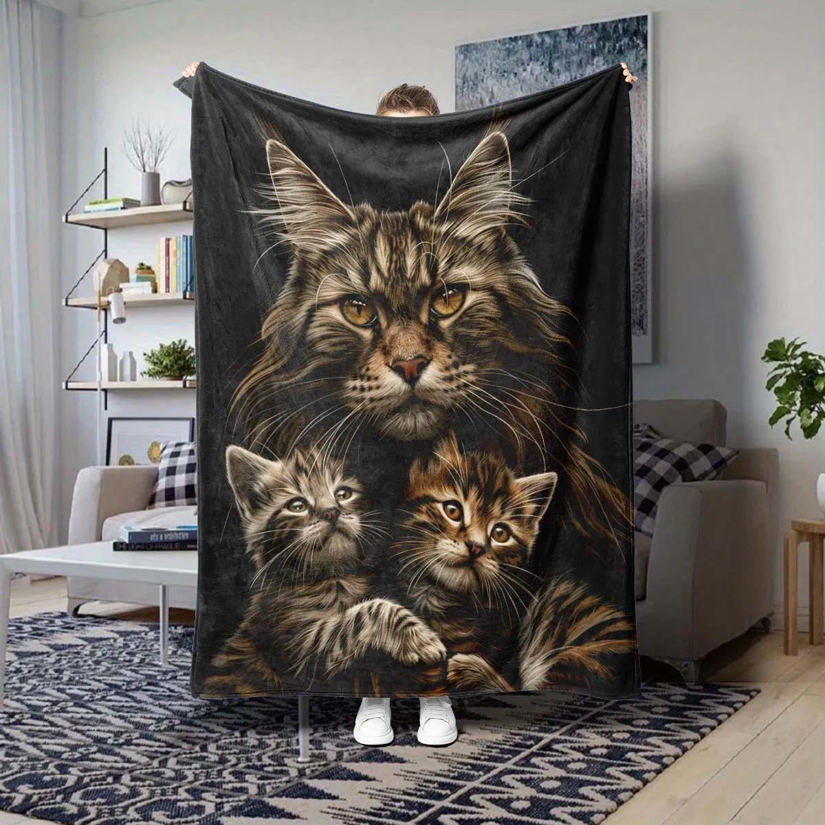 Cozy Cat Family Throw Blanket Pet Lover Decor Sofa Throw Plush Blanket Gift for Home Living Room Kitten Mother Cat Animal Print