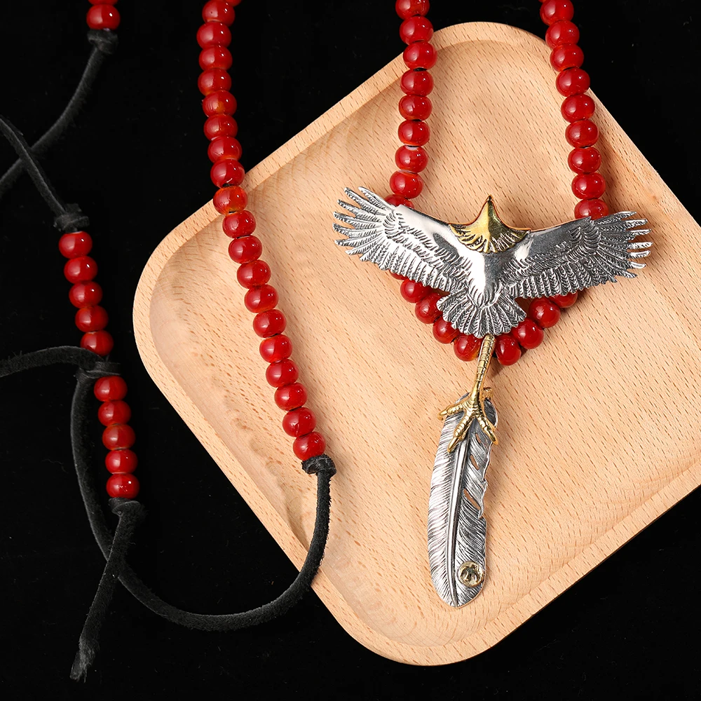 

S925 Sterling Silver Takahashi Thai Silver Retro Red Glass Beads Deerskin Rope Necklace Flying Eagle Brass Claw Pendant GON079