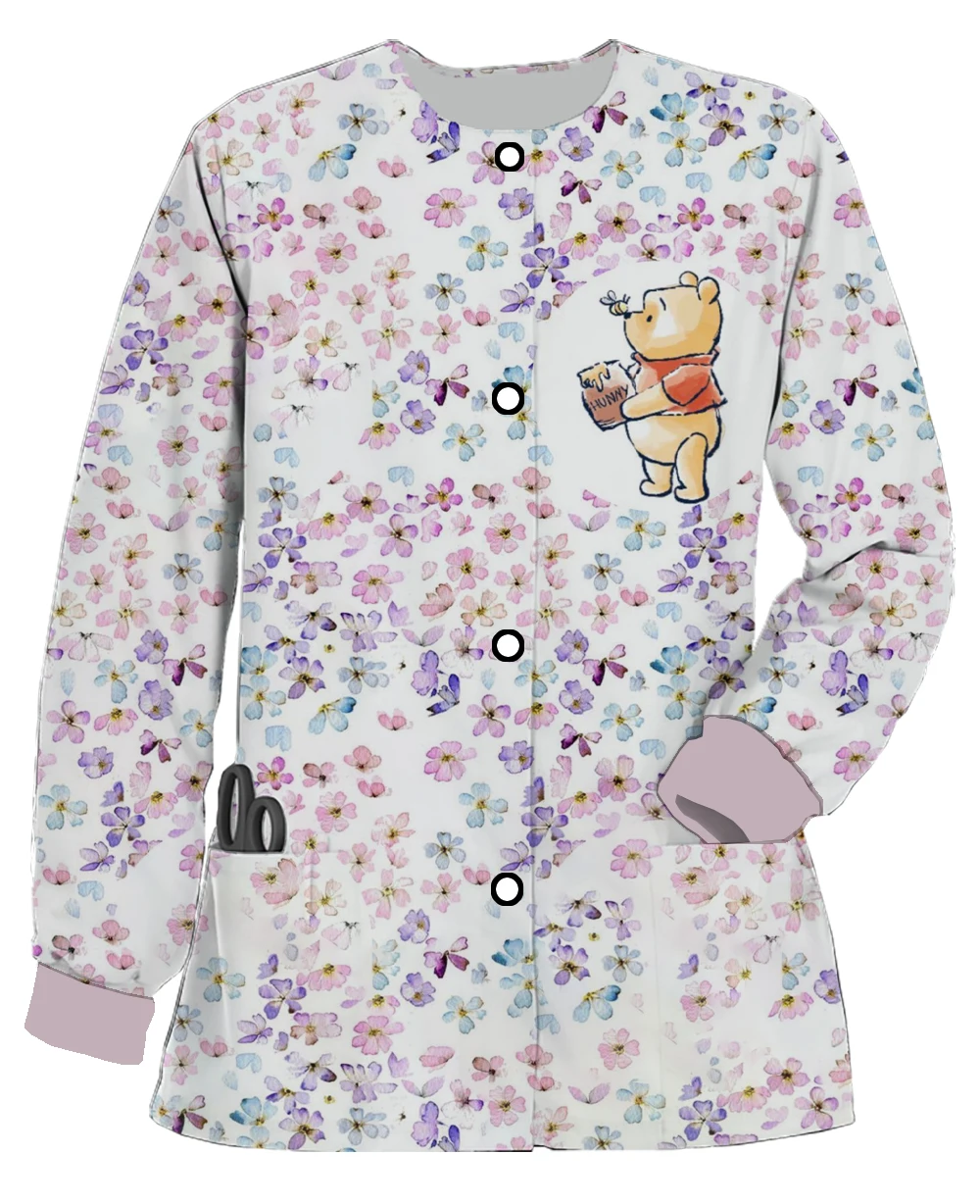 Dental Beauty Salon Work Uniform Ladies Men Casual Cartoon Print Disney Winnie the Pooh Scrub Jacket Nurse Dress Casual Coat