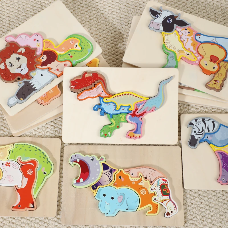 Puzzle en bois Montessori, jouets pour enfants, animaux de dessin animé, jeu de jouets éducatifs précoces, coffret cadeau pour enfants Tangram