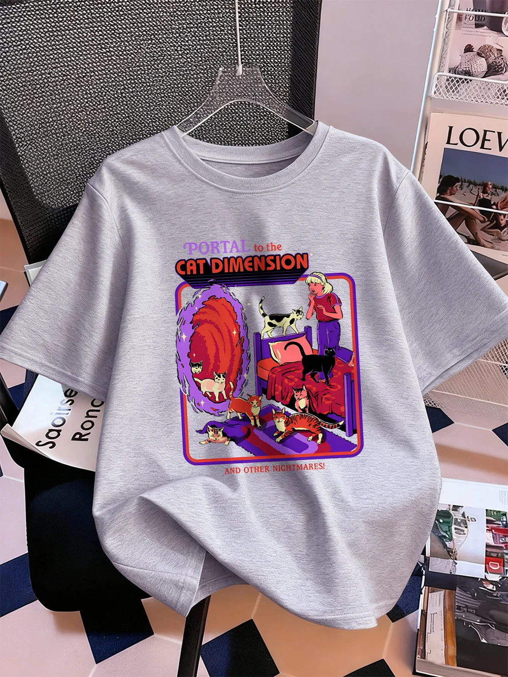 Portal To The Cat Dimension Prints T-Shirts Womens Summer Cotton Short Sleeve Tees O-Neck Soft Loose Tops Casual Womans Clothes