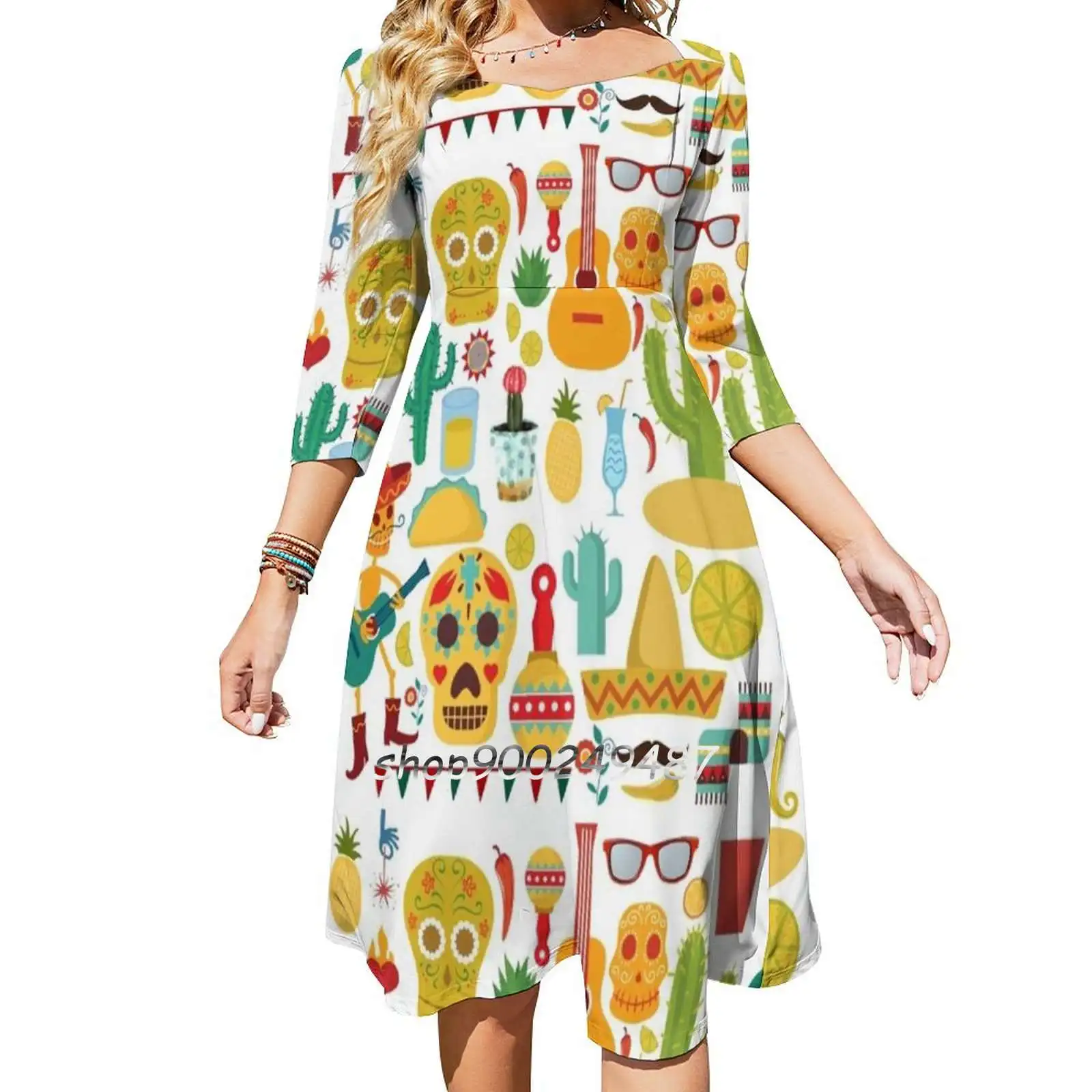 Fiesta Pattern Square Neck Dress Cute Loose Print Dresses Elegant Beach Party Dress Cinco De Mayo Mexican Pattern Fiesta Party