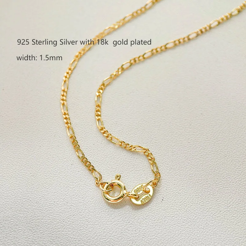 35cm-80cm 1.5mm 925 Sterling Silver Yellow Gold Color Italy Figaro Chain Necklace Women Jewelry Kolye Collier Collares Ketting