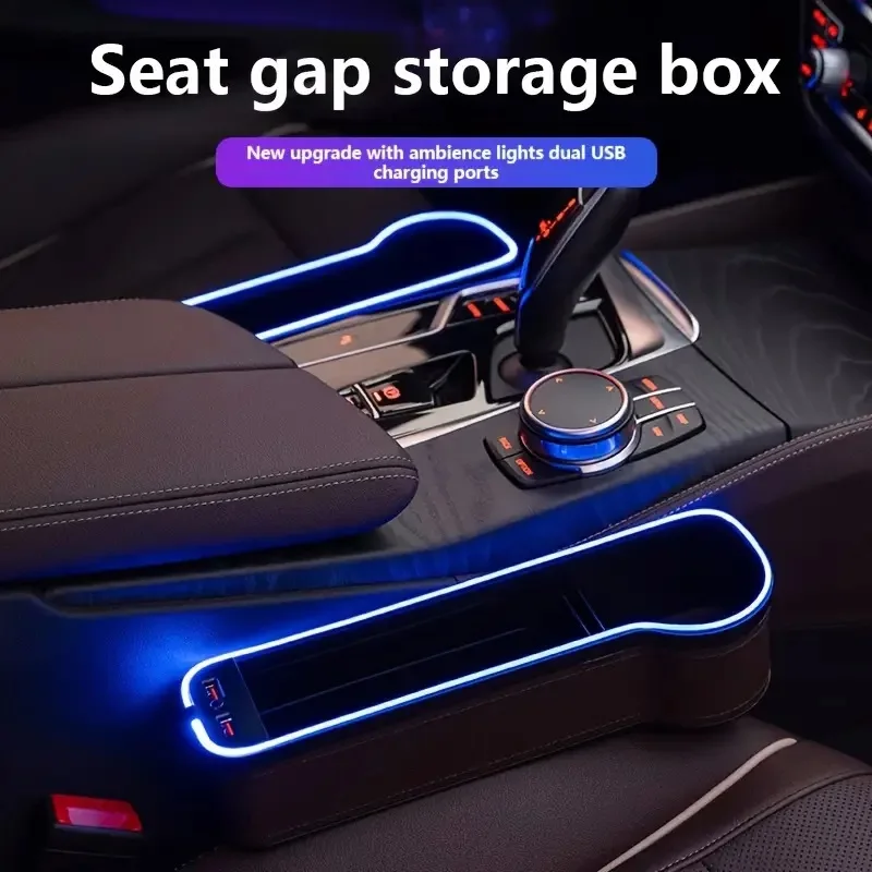 Car Seat Crevice Storage Box With 2 USB Charger Colours Changing LED Car Seat Gap Filler With Bottle Cups Holder Car Accessories