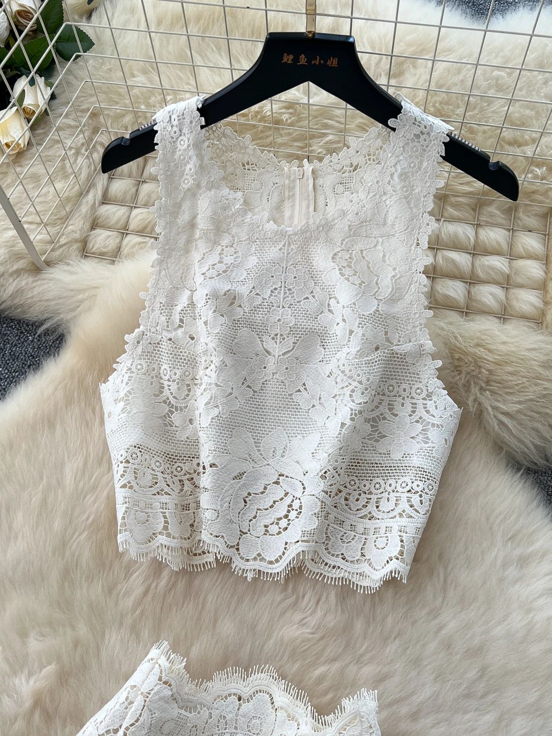 

Ele Two-Piece Women's Summer Hollow out Hook Flower round Ne Svel High Waist Patchwork Skirt Set Casual Comm...