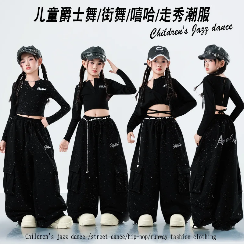 4-18 black teen girls Hip hop jazz street dance clothes short top t-shirt wide-leg pants shining junior child kids sport outfits
