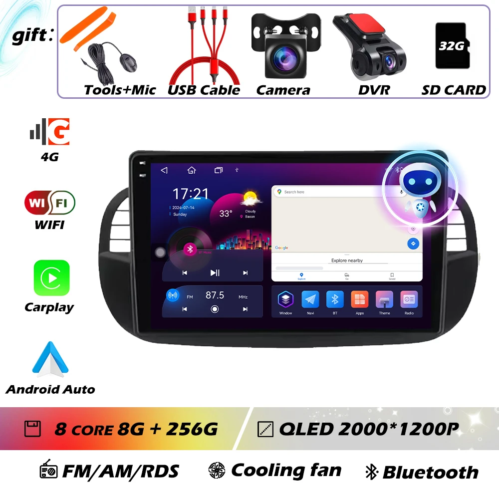 9 ''Android 16 Autoradio Stereo voor Fiat 500 2007-2015 met GPS Navigatie Stuurbediening Multimedia Carplay auto WIFI