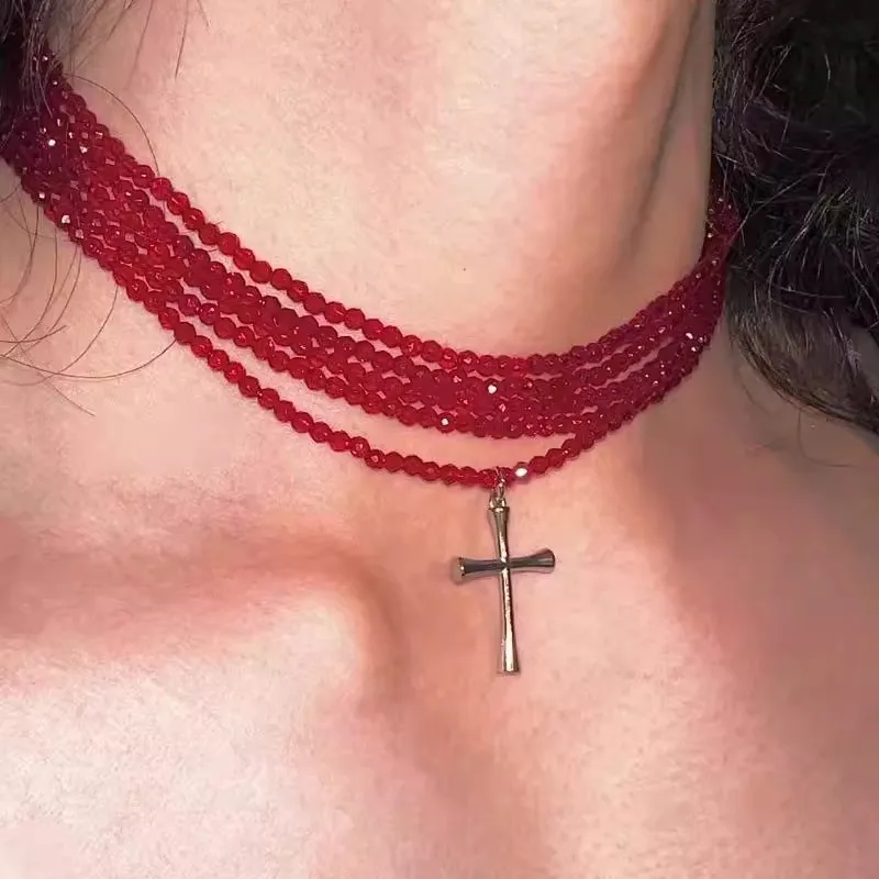 Dark Gothic Red Multi Layered Beaded Cross Pendant Necklace Universal Accessories for Men and Women in Street Shoots Attractive