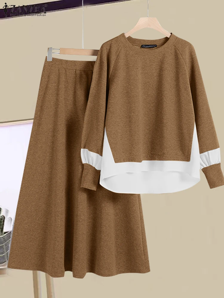 

ZANZEA Women Colorblock Dress Sets Fashion Fake 2PCS Tops Outfits Holiday 2025 Matching Suit Casual Loose Long Skirts Tracksuit