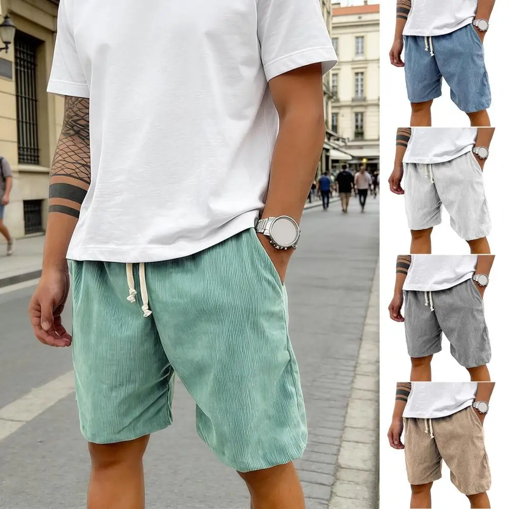 

Летние мужские шорты с эластичной талией, регулируемым шнурком, широкими штанинами, летние вельветовые шорты с карманами, свободные повседневные пляжные шорты