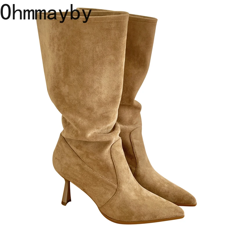 High Heel Women Western Cowgirl Boots Fashion Pointed Toe Shoes Autumn Winter Ladies Knight Mid Calf Booties