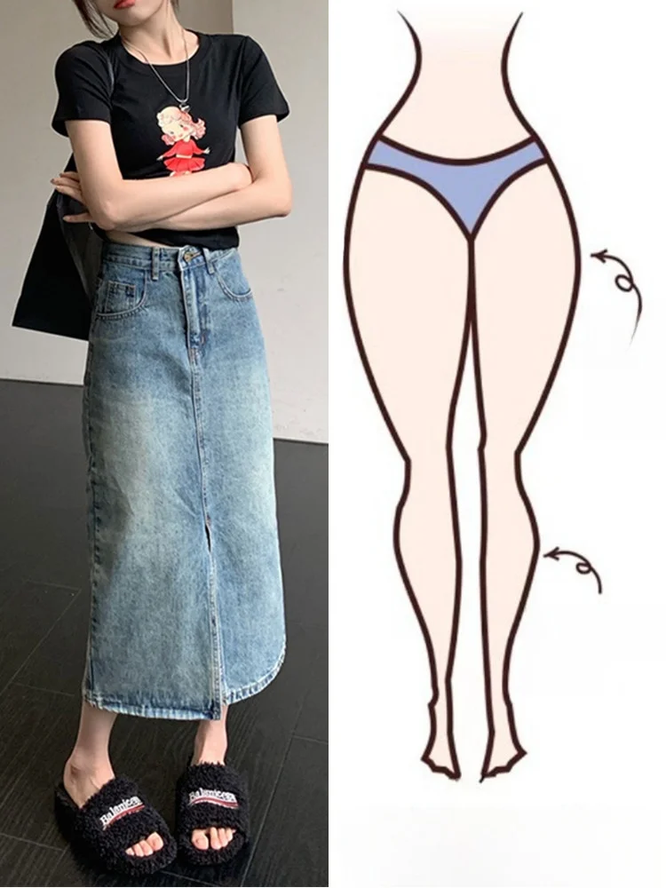 

Юбка миди А-силуэта с высокой талией для женщин, весна-лето, большие размеры, джинсовая, с разрезом, стройнящая, в корейском стиле, однотонная, для повседневной носки