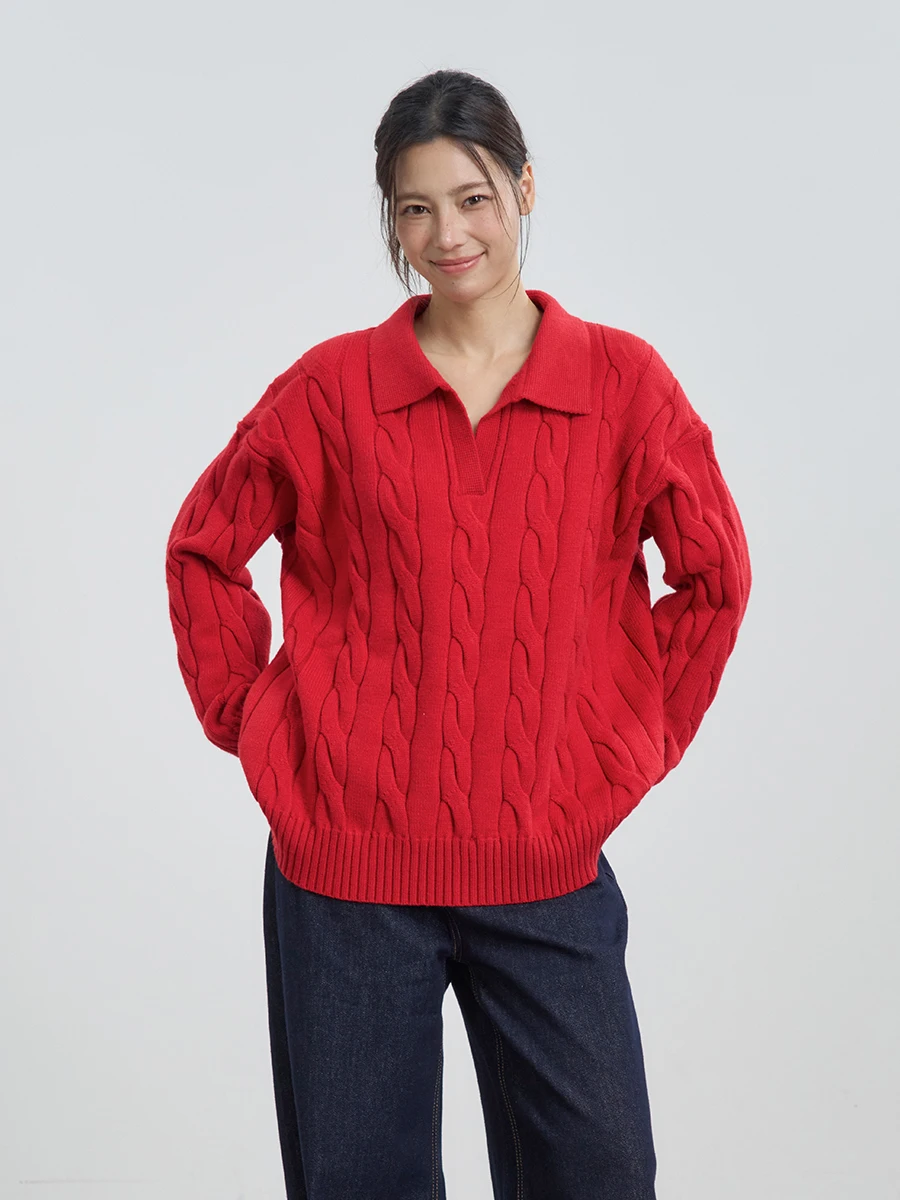 

Оригинальный винтажный вязаный свитер TENPSEN свободного кроя с воротником, красный, в корейском стиле, с длинными рукавами, повседневный трикотаж