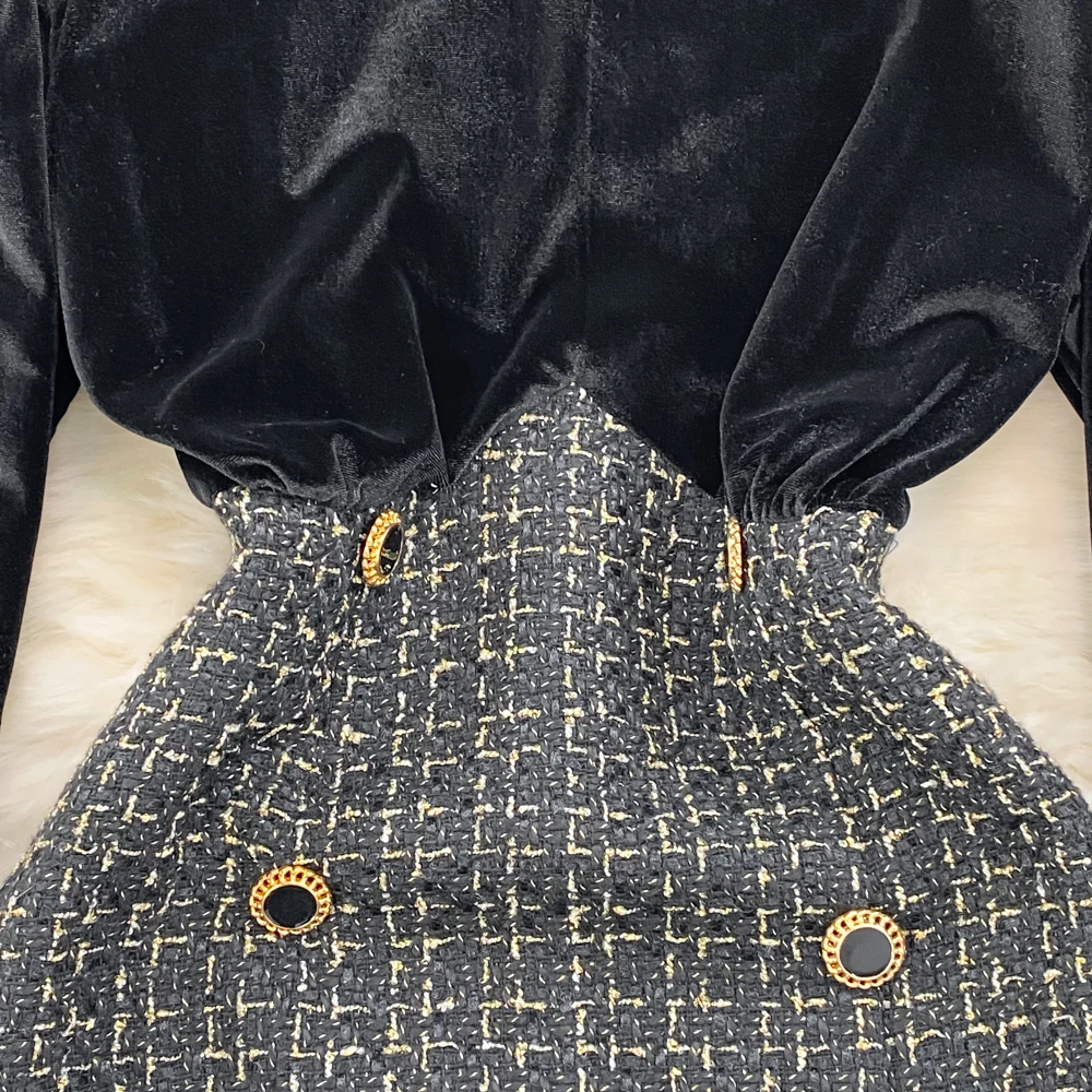 Elegant Long Sleeve Vintage Stand Collar Chic Velvet Spliced Coarse Tweed Slim A-line Dresses High Street Autumn Winter Clothing
