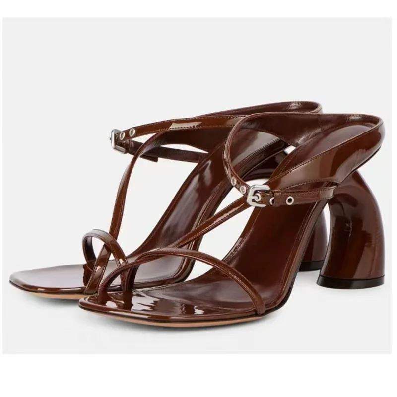 Women Brown Patent Leather Square Toe Thong Sandals Ankle Strap Chunky Curved Block Heel Summer Party Dress High Heel Sandals