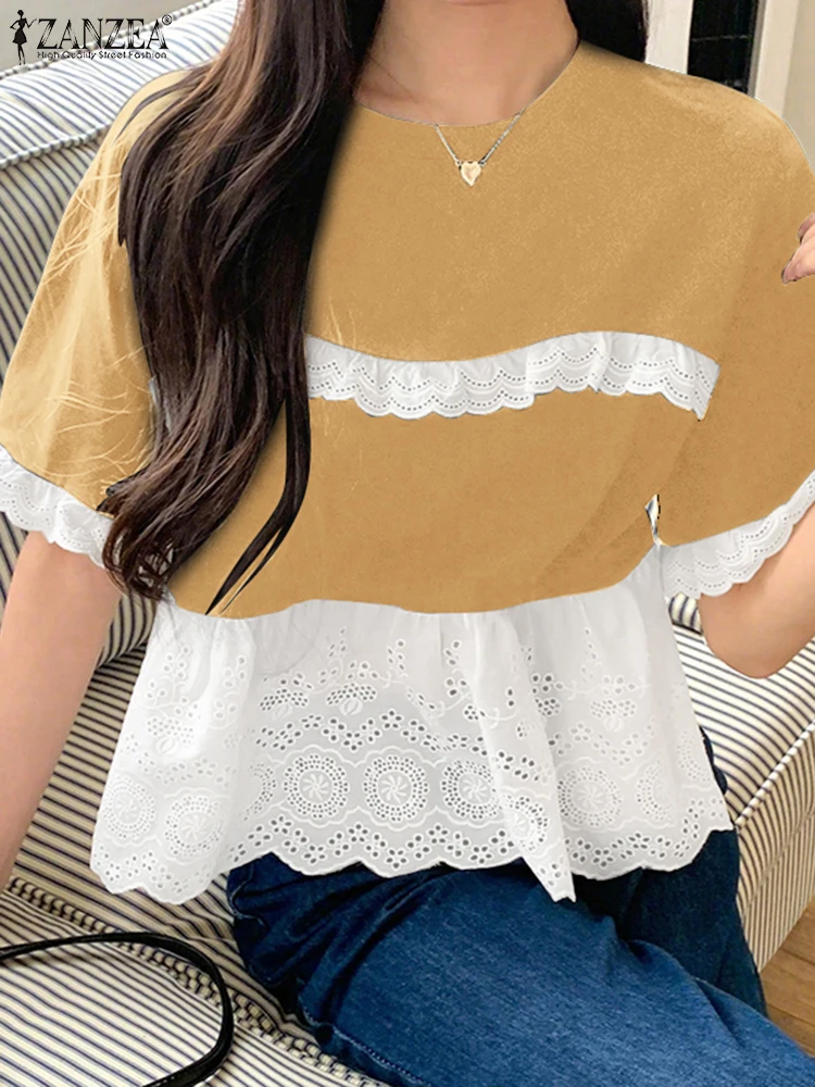 ZANZEA Vrouwen Koreaanse T-shirts Zomer Kant Tees 2025 Mode Korte Mouw O-hals Patchwork Casual T-shirts Losse Oversized Shirts