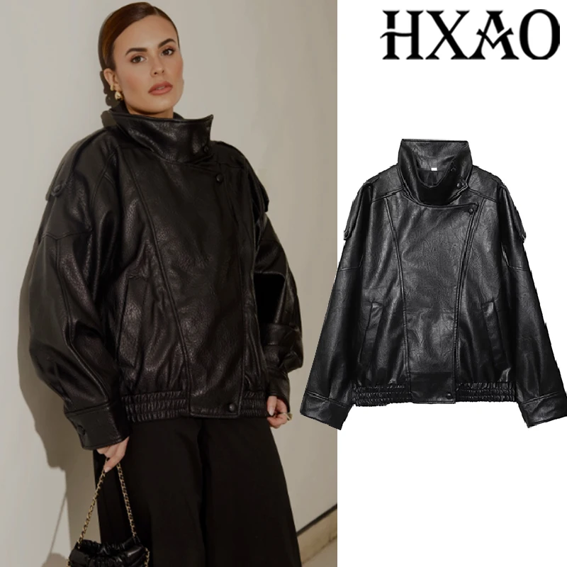 

HXAO Faux Leather Jacket Coat Long Sleeve Bomber Jackets Woman Short Coats Black Jacket High Neck Zipper Motorcycle Jacket