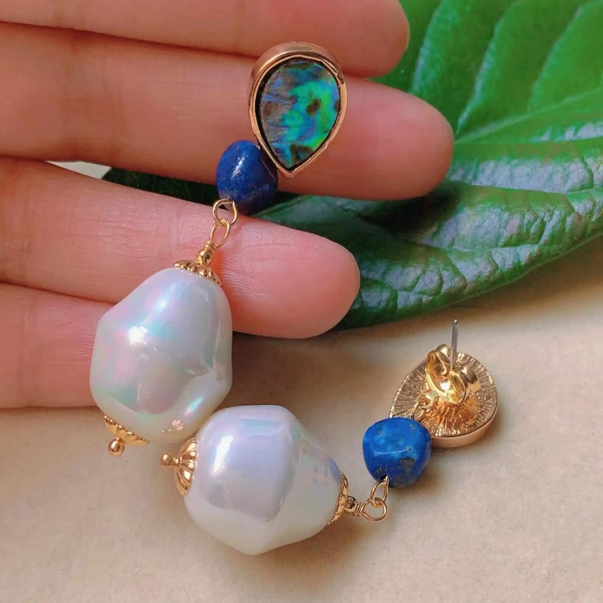 Natural baroque white Pearl Lapis Lazuli gold eardrop ear stud Hook Lucky Aquaculture New Jewelry