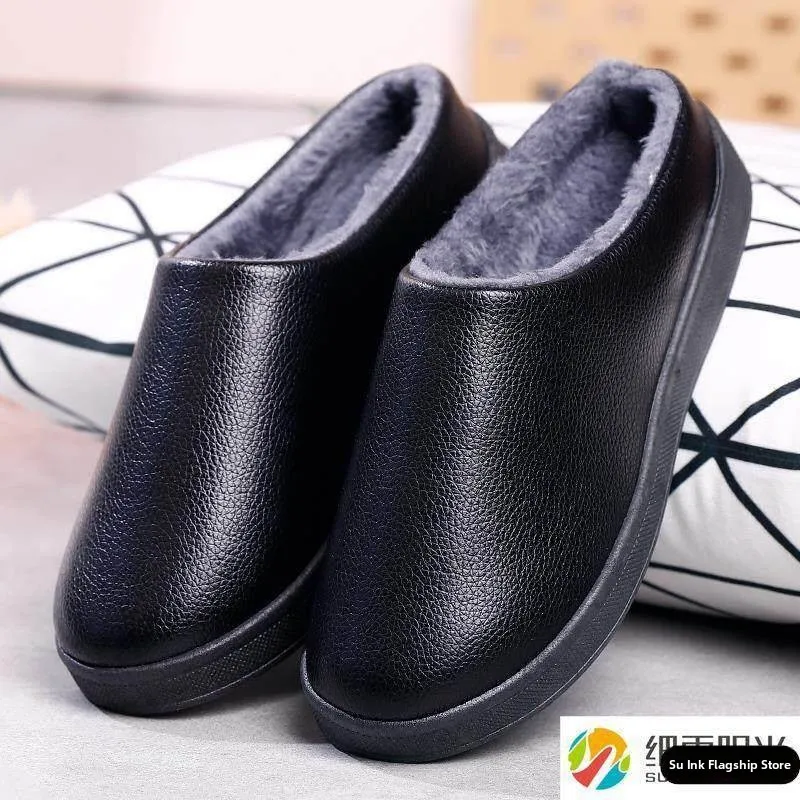 Men's Indoor Slippers Waterproof Thickened Anti-slip Soft Bottom PU Surface Cotton Slippers Winter Lightweight Comfortable Wa...