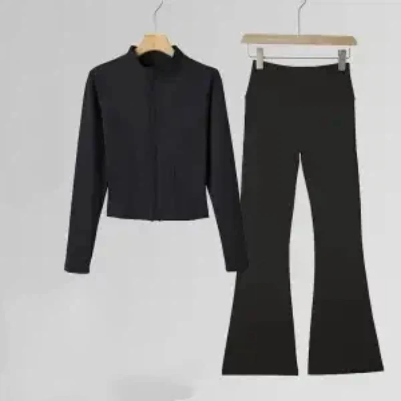 Women Slim Stand Collar Stretch Yoga Set Soft Fabric Flare Pants Suit Gym Jogging Daily Workout Outfit S-3XL