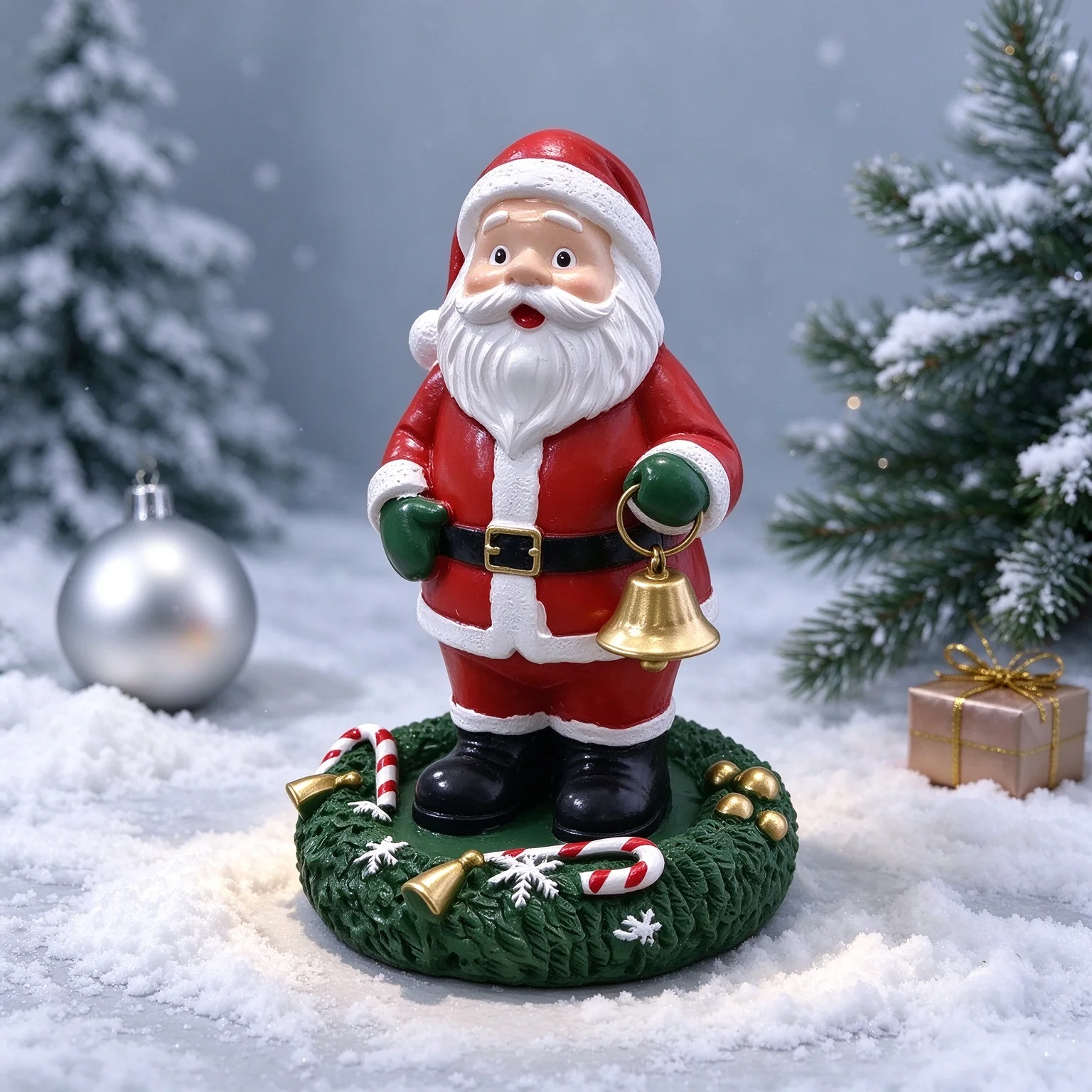 Xmas Santa Claus Resin Figurine, Holding Golden Bell, Wreath Base Tabletop Decoration Holiday Gift