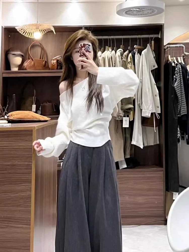 

Red Pullovers For Women's Slash Neck Jumper Slim Fit Off Shoulder Sueter Mujer Knitting Temperament Sweater Korean Pull Femme