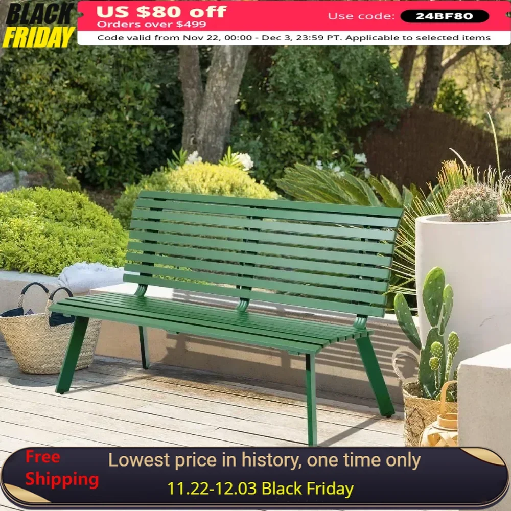 

Outdoor Aluminum Garden Bench, Patio Porch Chair Furniture, Slatted Design w/Backrest, Green Patio Benches