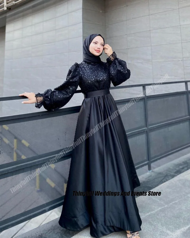 Thinyfull A-line Black Prom Dresses High Neck Long Sleeves Satin Sequined Evening Party Gowns Formal Occasion Dress