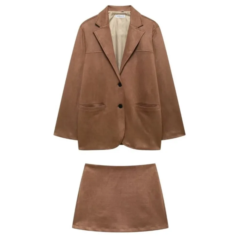 

Fall Winter Suede Blazer Short Skirt Women's Set Turn Down Collar Vintage Brown Suit Coat + Slim Zipper Skirts Two Piece Set