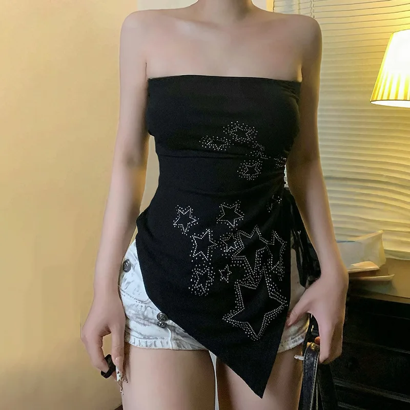 

Dark style Y2K star hot diamond irregular drawstring strapless millennium hot girl sexy waist slimming versatile top