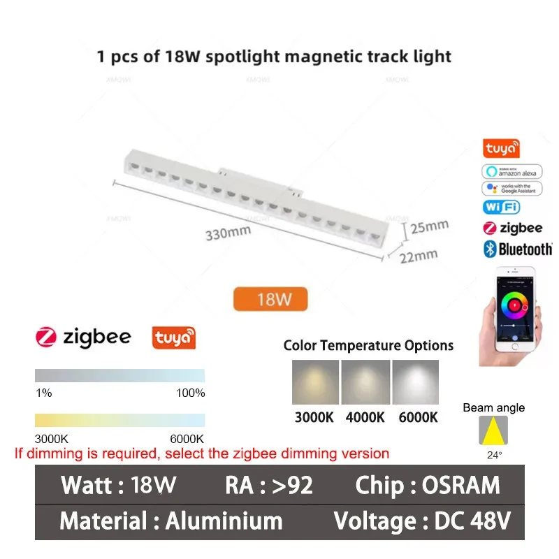 Zigbee Tuya Smart Magnetische LED Track Light CCT Dimbare Kleurtemperatuurlamp 2MQTT Home Assistant Alice Alexa 48V Plafondlampen Rail Spot