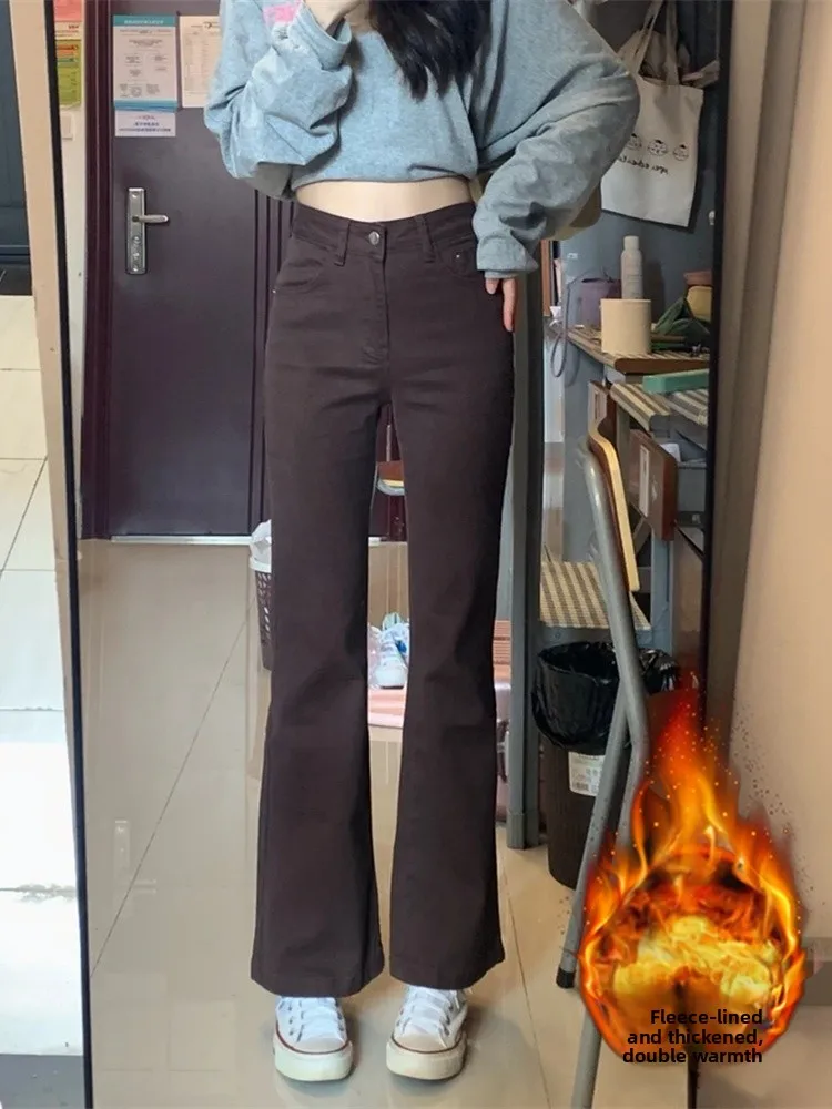 

Коричневые эластичные расклешенные джинсы с высокой талией на подкладке, женские осенне-зимние новые расклешенные брюки большого размера с толстой мм