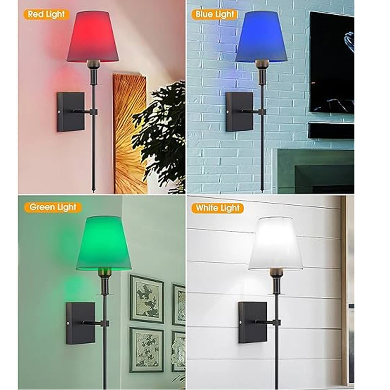 American Retro Wall Lamp Fabric Lampshade Bedroom Bedside Reading Wall Light Bathroom Home Decor Battery Light Bulb Night Light