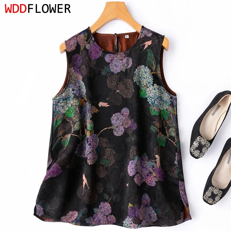

Women Tank Top 100% Mulberry Silk Black Hydrangea Floral Printed Sleeveless Casual Top Shirt Blouse Pullover Summer M1685