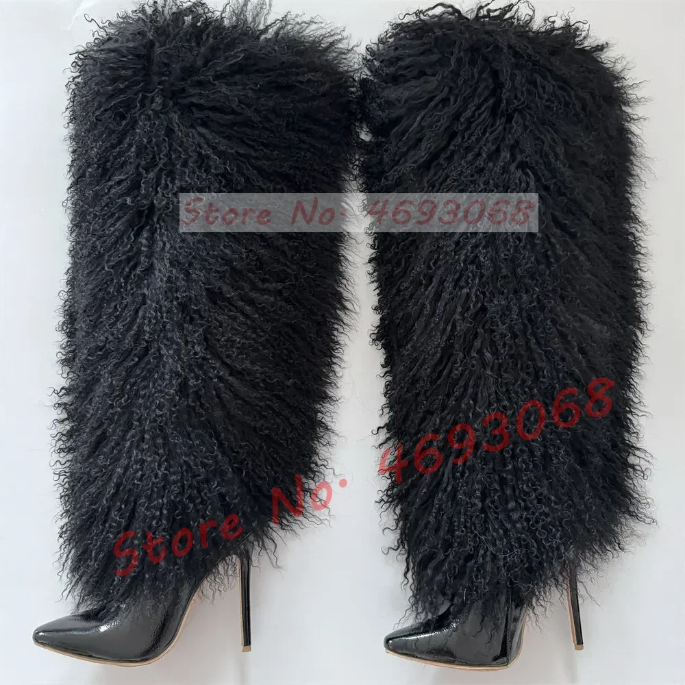 Fluffy Curly Lamb Fur Knee High Boots Women Pointy Toe Sexy Black Stiletto High Heels Party Shoes Ladies Winter Warm Snow Boots