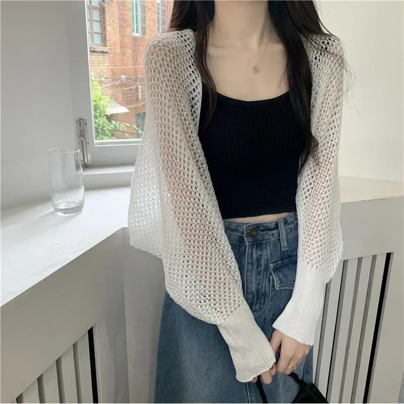 Korean Fashion Women's Open Front Knit Cardigan Long Sleeve Hollow Out Solid Color Loose Crop Tops Cardigan Crop Top