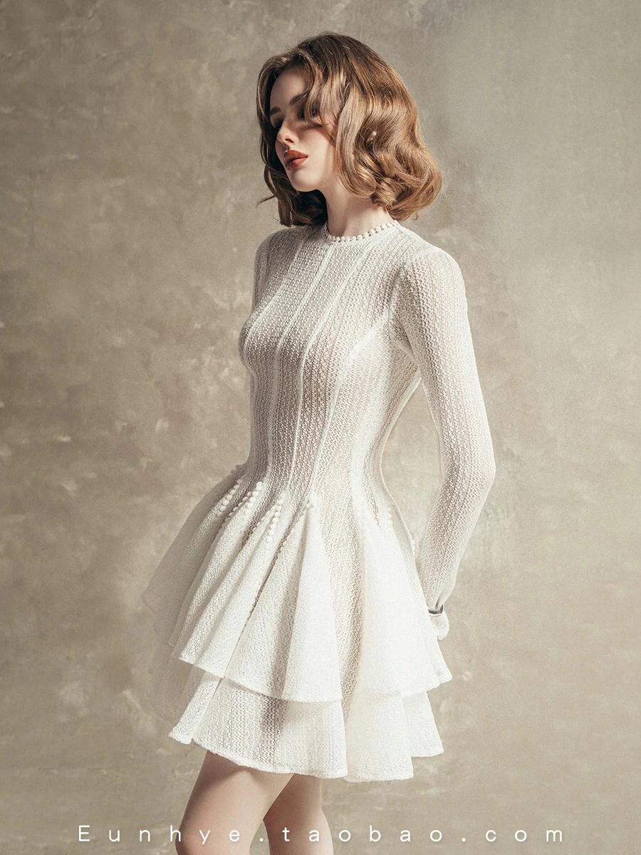 French Elegant Commuter Round Neck Long Sleeve High Waist Slim A-line Double Layer Ball Gown Black Short Dress For Women Autumn