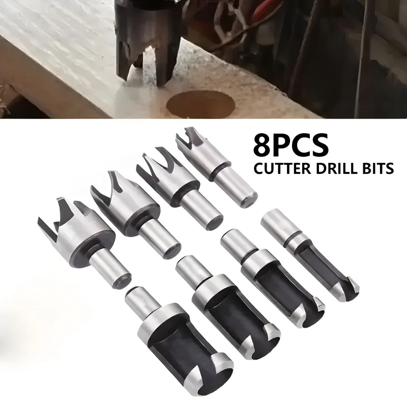 8pcs Wood Hole Plug Cutter Set, High Carbon Steel Cutter Tools 1/4 3/8 1/2 5/8（6/10/13/16mm) - Cork Dowel Shank Drill Bit Knife