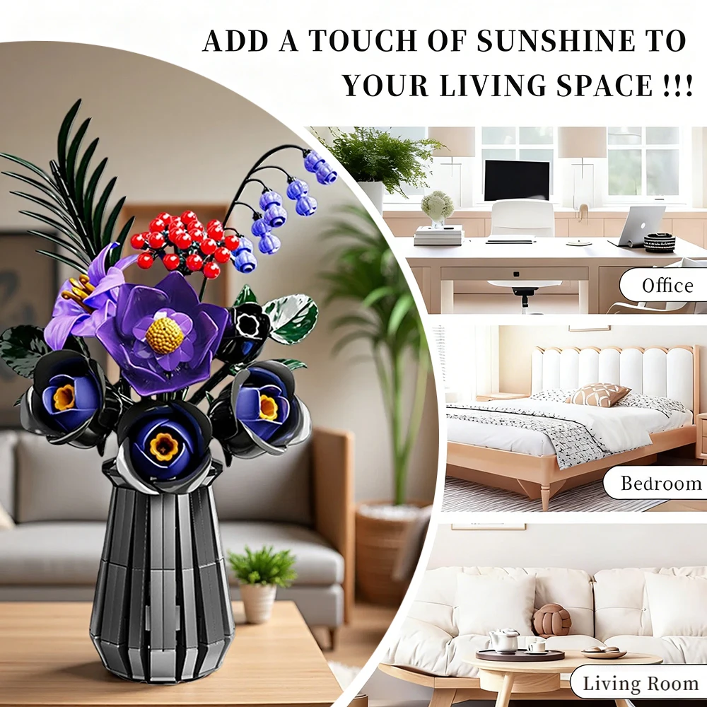 

Valentine's Day Simulation Bouquet 836 PCS Multiple Flowers with Vase Assembly Building Blocks Girls Birthday Gift Kids DIY Toys