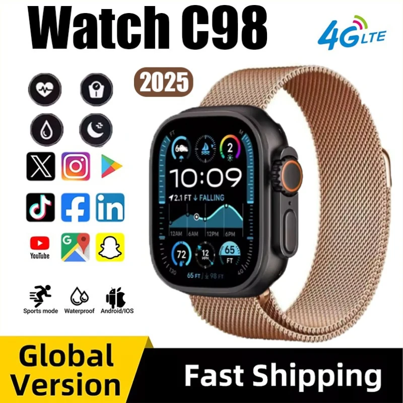 

C98 5G Сетевая SIM-карта 2,1 дюйма Amoled GPS WIFI Смарт-часы с глобальным вызовом Мужские умные часы Ultra s10 Android 9.0
