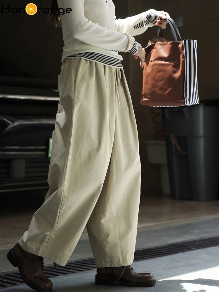 HanOrange 2025 秋 ドローストリング イラスティックウエスト ワイドレッグパンツ レディース ルーズパンツ アプリコット/ダークグリーン/ネイビーブルー/ディープレッド
