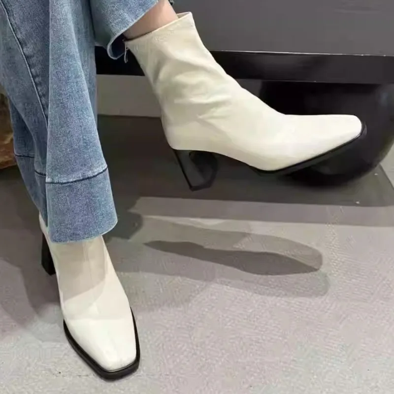 

French Fashion High Heel Ankle Boots Women 2025 Winter Brand Designer Square Toe Women's Chelsea Boots Back Zipper Short Boots