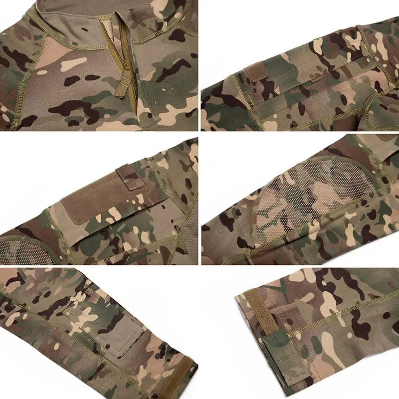 Męska kamuflażowa koszulka bojowa myśliwska rozciągliwa bawełna 1/4 zamek błyskawiczny jednolite koszule z długim rękawem koszula Camo — zdjęcie 7