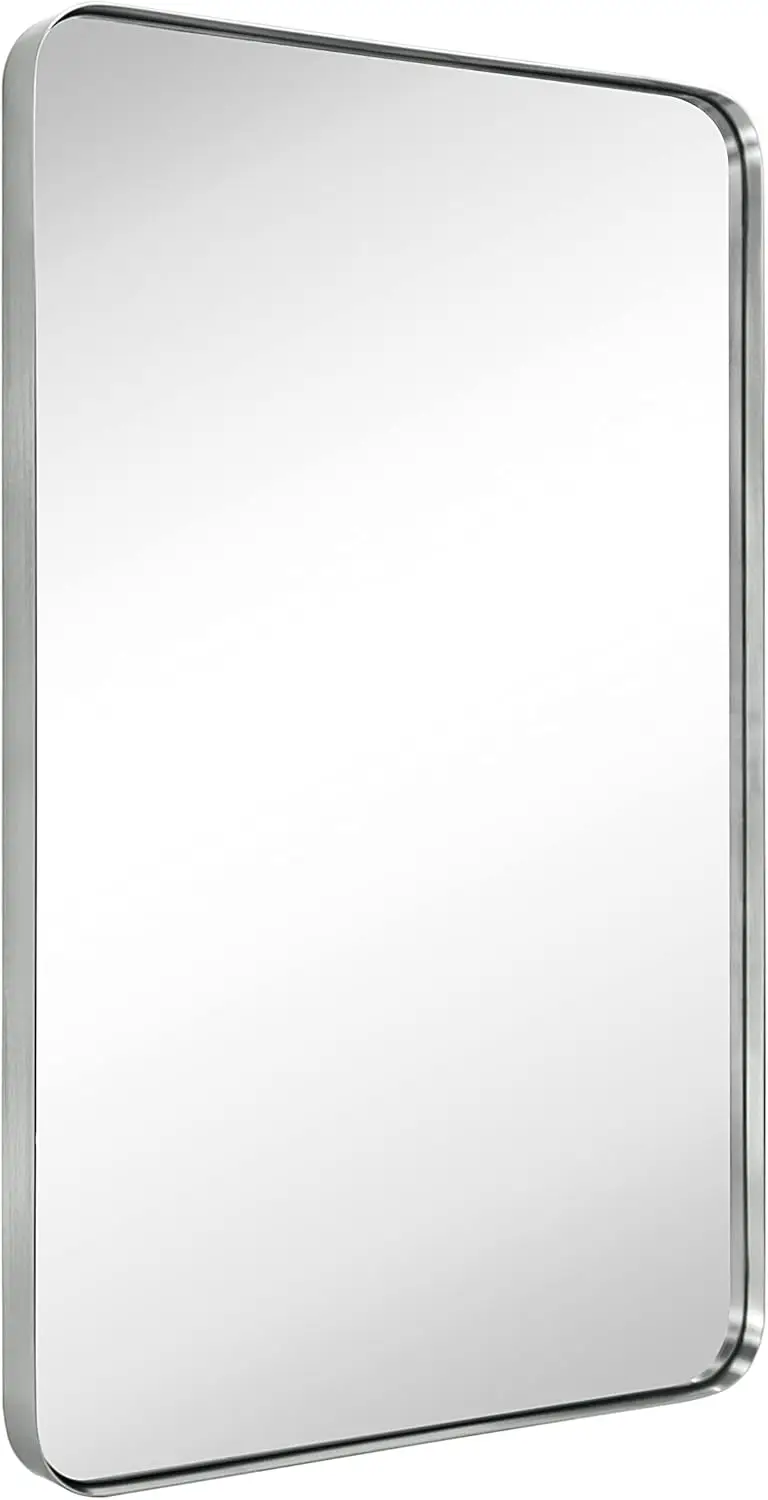 20x30 inch Brushed Nickel Stainless Steel Metal Framed Bathroom Mirror for Wall Mounted Rounded Rectangular Bathroom Vanity Mirr