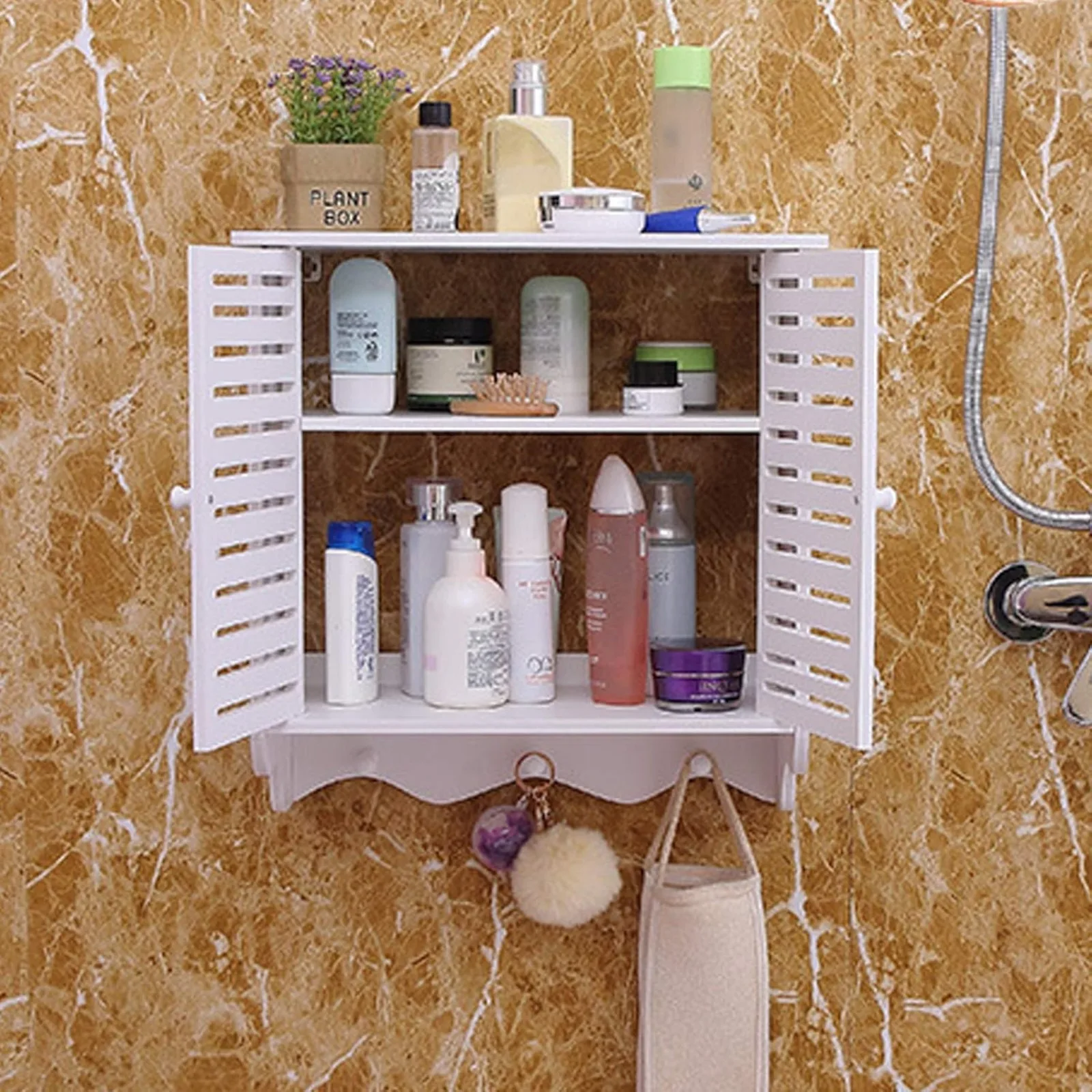 Estante de montaje en pared para baño de 2 niveles, armario de almacenamiento de cosméticos para ducha, gabinetes de pared, gabinete de almacenamiento montado en la pared con puertas y 3 ganchos