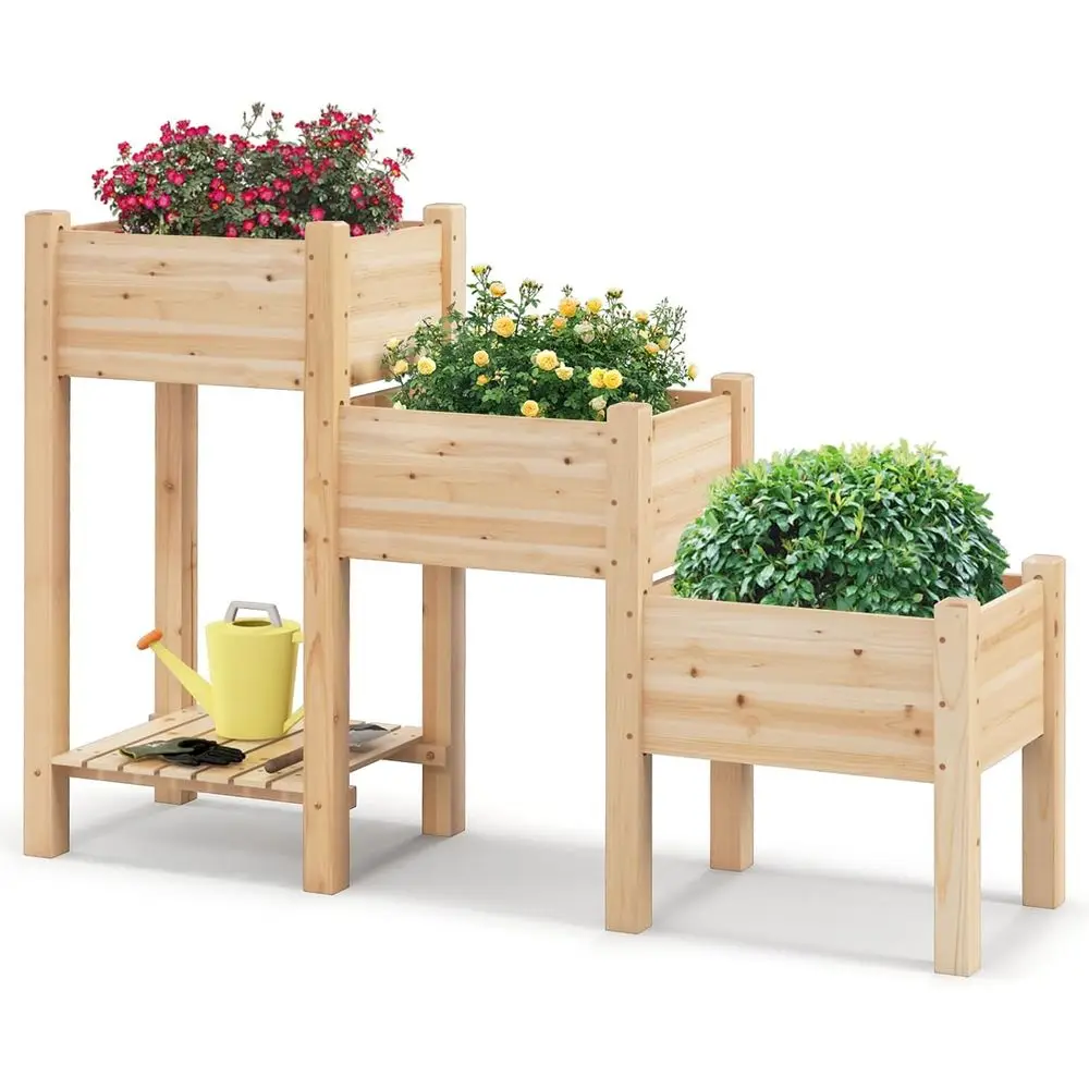 3-Tier Wooden Elevated Garden Bed with 3 Planters, Open Shelf, Drainage for Outdoor Herbs & Vegetables Growing