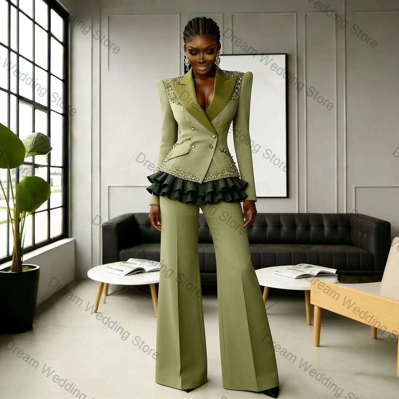 

Зеленый женский костюм с кристаллами, комплект из 2 предметов: пиджак и брюки с оборками по низу, для офиса, нарядный, для гостей на свадьбу, на заказ